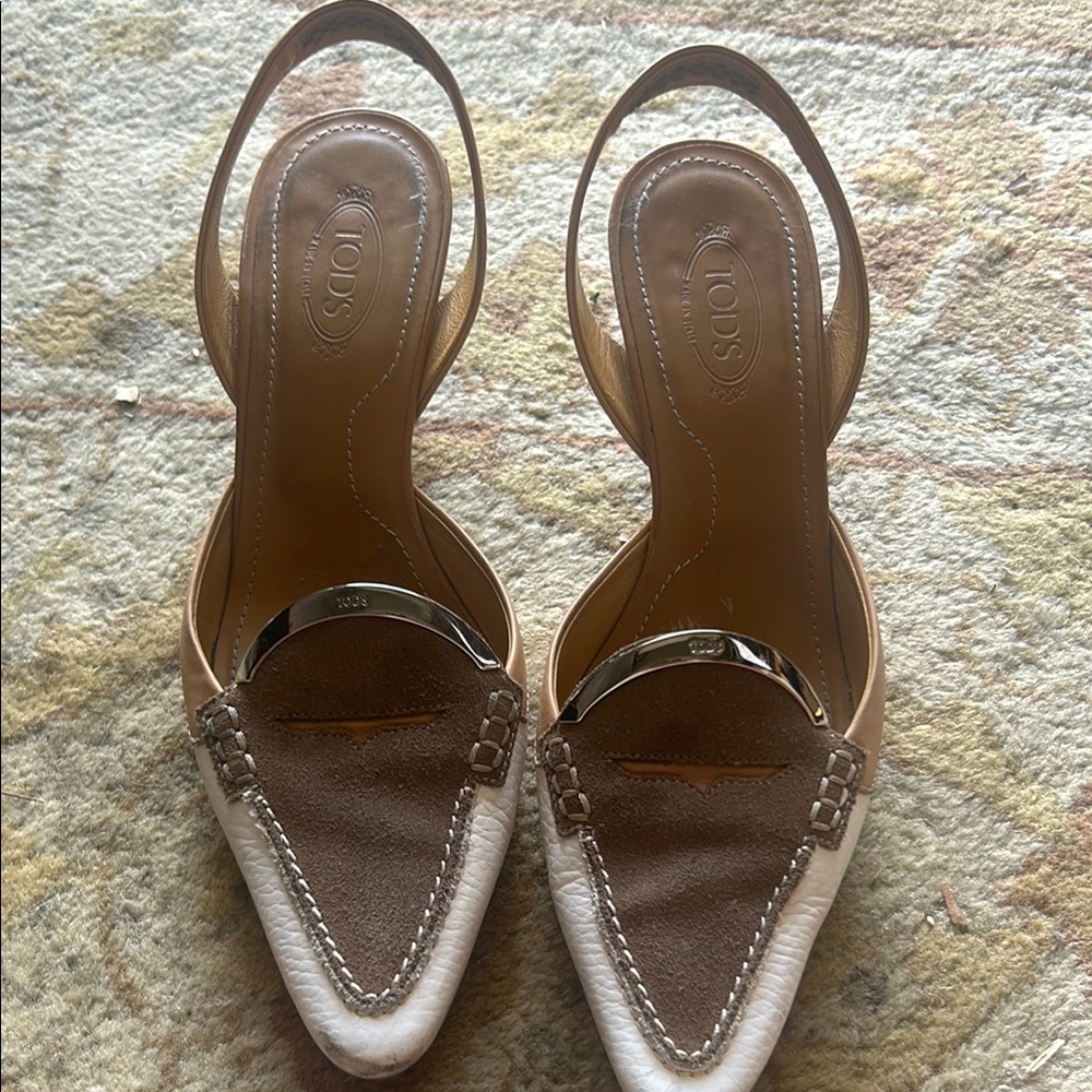 Tod's Brown & White Leather Slingback Loafers